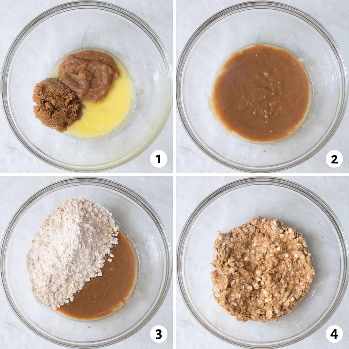 4 image collage making cookie dough in one bowl by combing brown sugar, apple butter, and melted butter, then mixing it together, adding flour and oats, and everything combined.