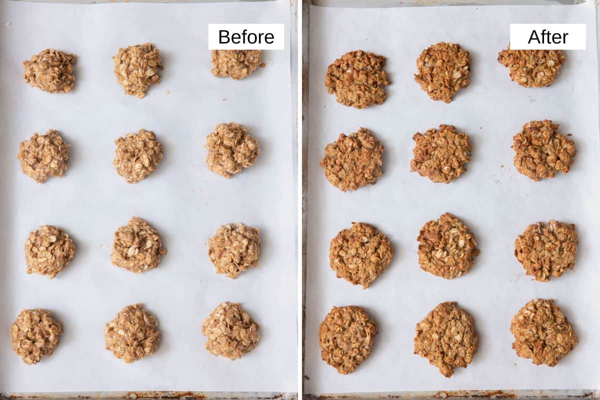2 image collage of cookies on a parchment lined baking sheet before and after being baked.