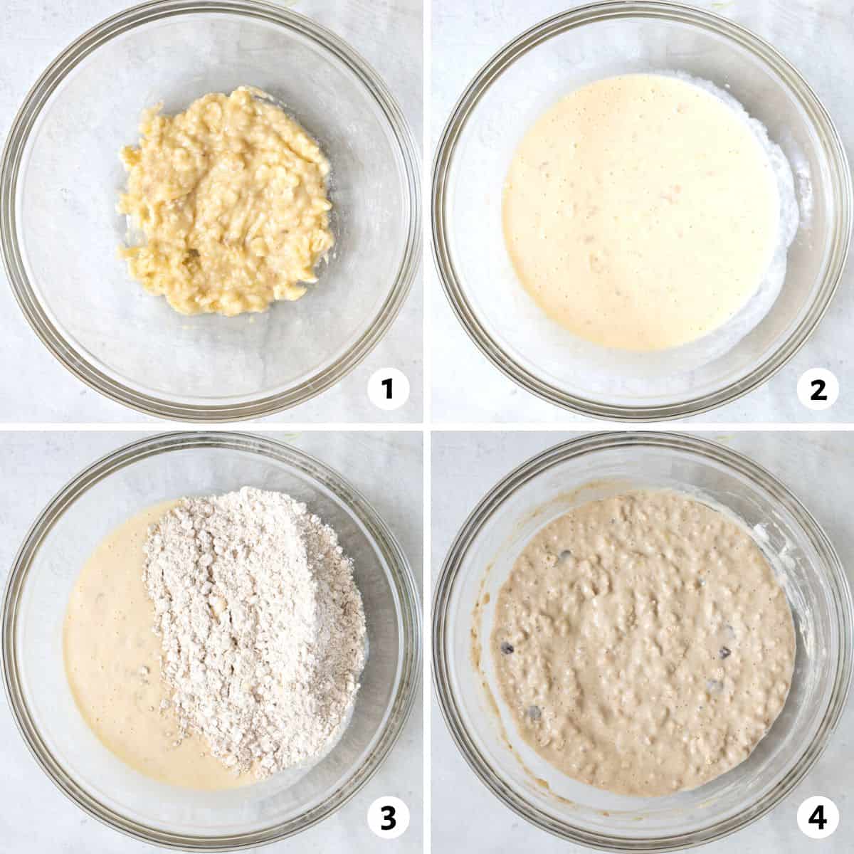 4 image collage of making recipe in one bowl: 1 mashing bananas, 2 liquid ingredients mixed in, 3 dry ingredients added on top, and 4 everything combined.