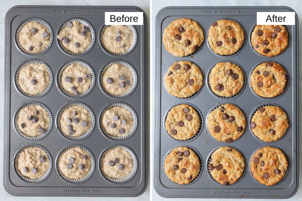 2 image collage showing muffins in a 12 cup muffin pan with liner and batter in each cup before and after being baked.
