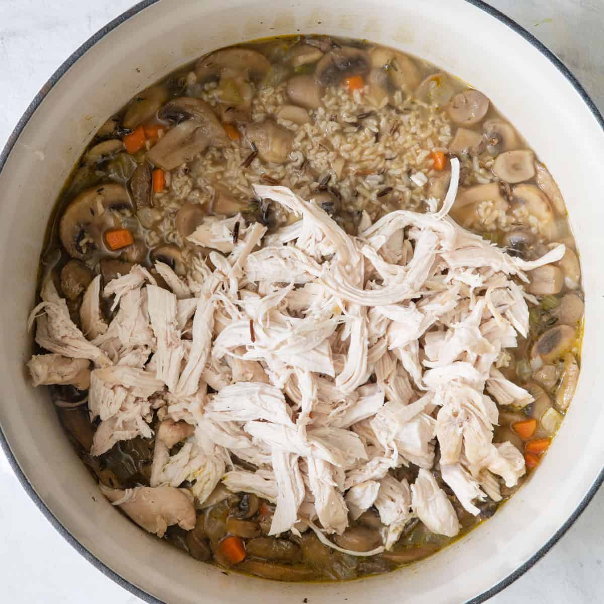 Cooked, shredded chicken on top.