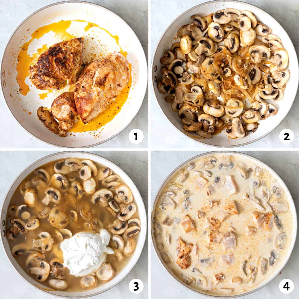 4 image collage cooking recipe in one pan: 1 cooking chicken, 2 cooking mushrooms and onions, 3 adding broth and sour cream, and 4 mixing together.