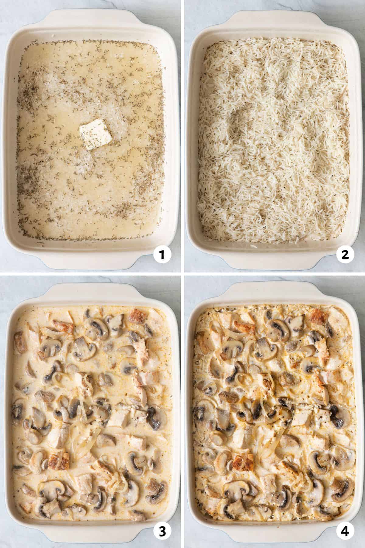 4 image collage of making recipe in a large rectangle baking dish: 1 rice with water before being baked, 2 rice after being baked, 3 mushroom and chicken mixture mixed in, and 4 after being baked.
