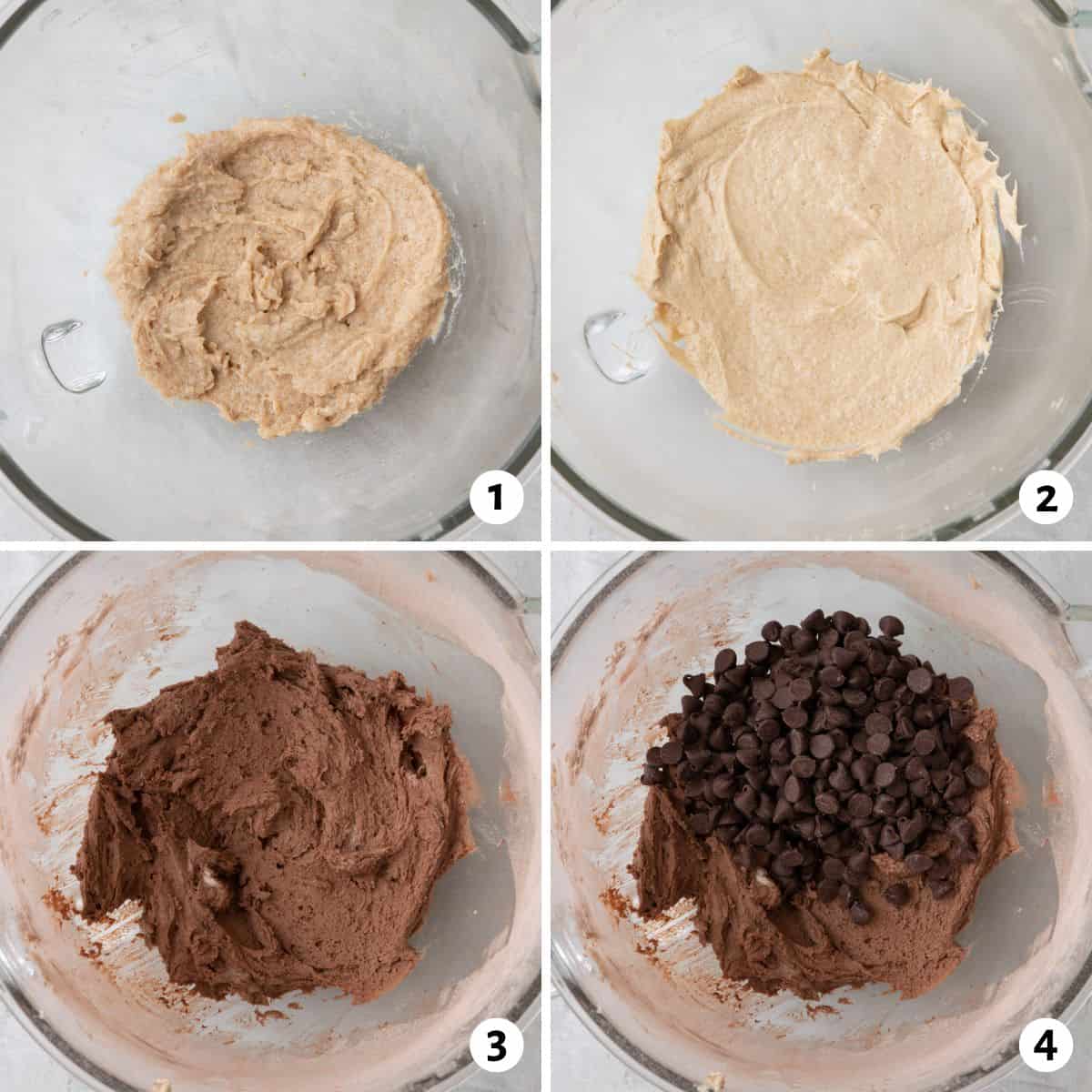 4 image collage making recipe in one bowl mixing in ingredients one at a time.