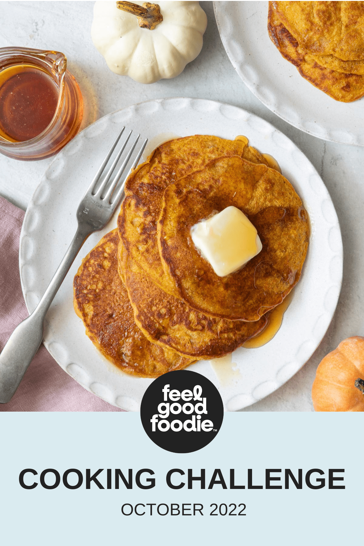 plate of pumpkin pancakes with blue bar below that says Cooking Challenge - October 2022