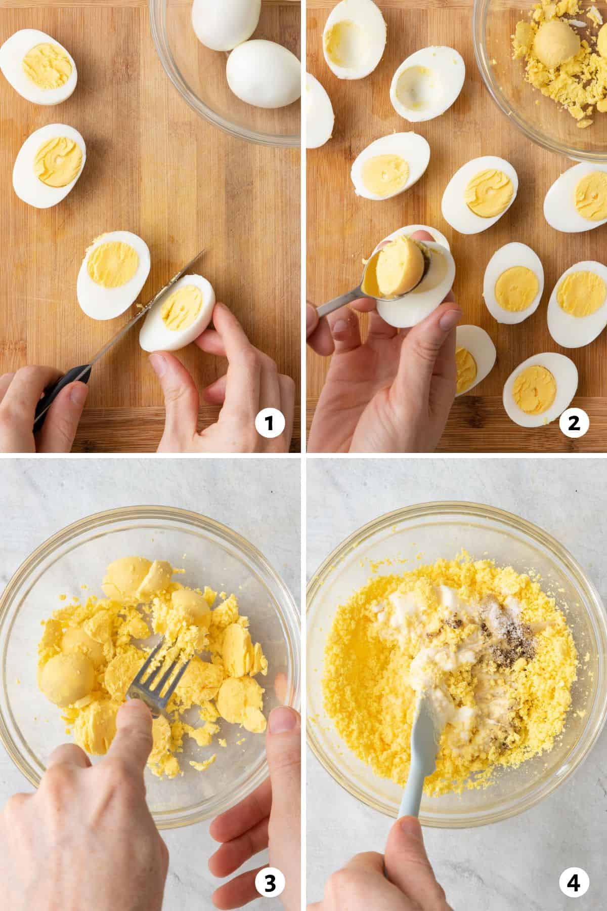 4 image collage preparing boiled eggs for recipe by cutting them in half, scooping out cooked yolk, mashing the yolk, and then mixing in the other ingredients.