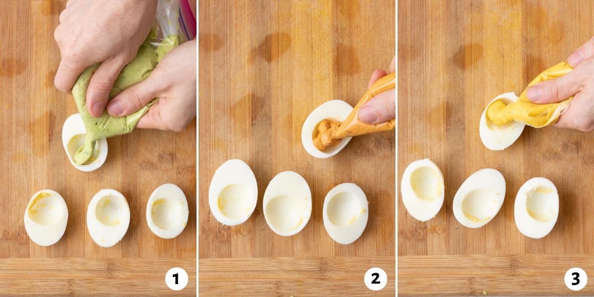 3 image collage showing 3 different flavor egg filling being piped into halved boiled egg white.