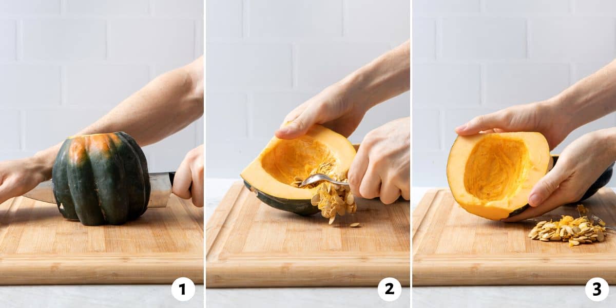 3 image collage cutting vegetable in half, and removing seeds and flesh.