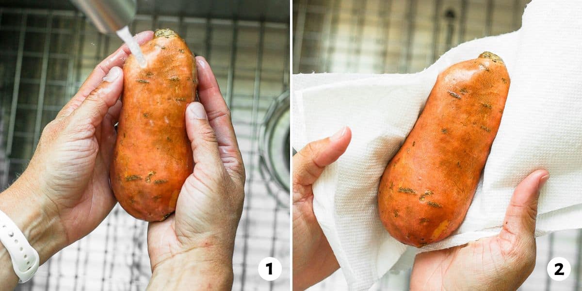 2 image collages rinsing sweet potato under water and then drying with paper towel.