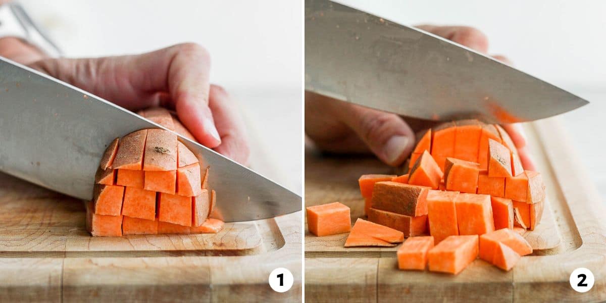 2 image collage showing how to cut into cubes.