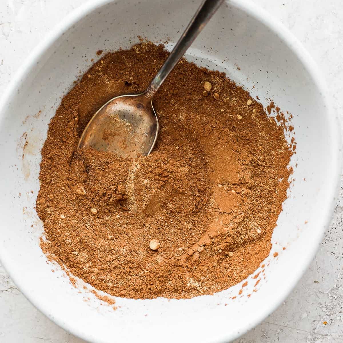 Spices all mixed with spoon in bowl.