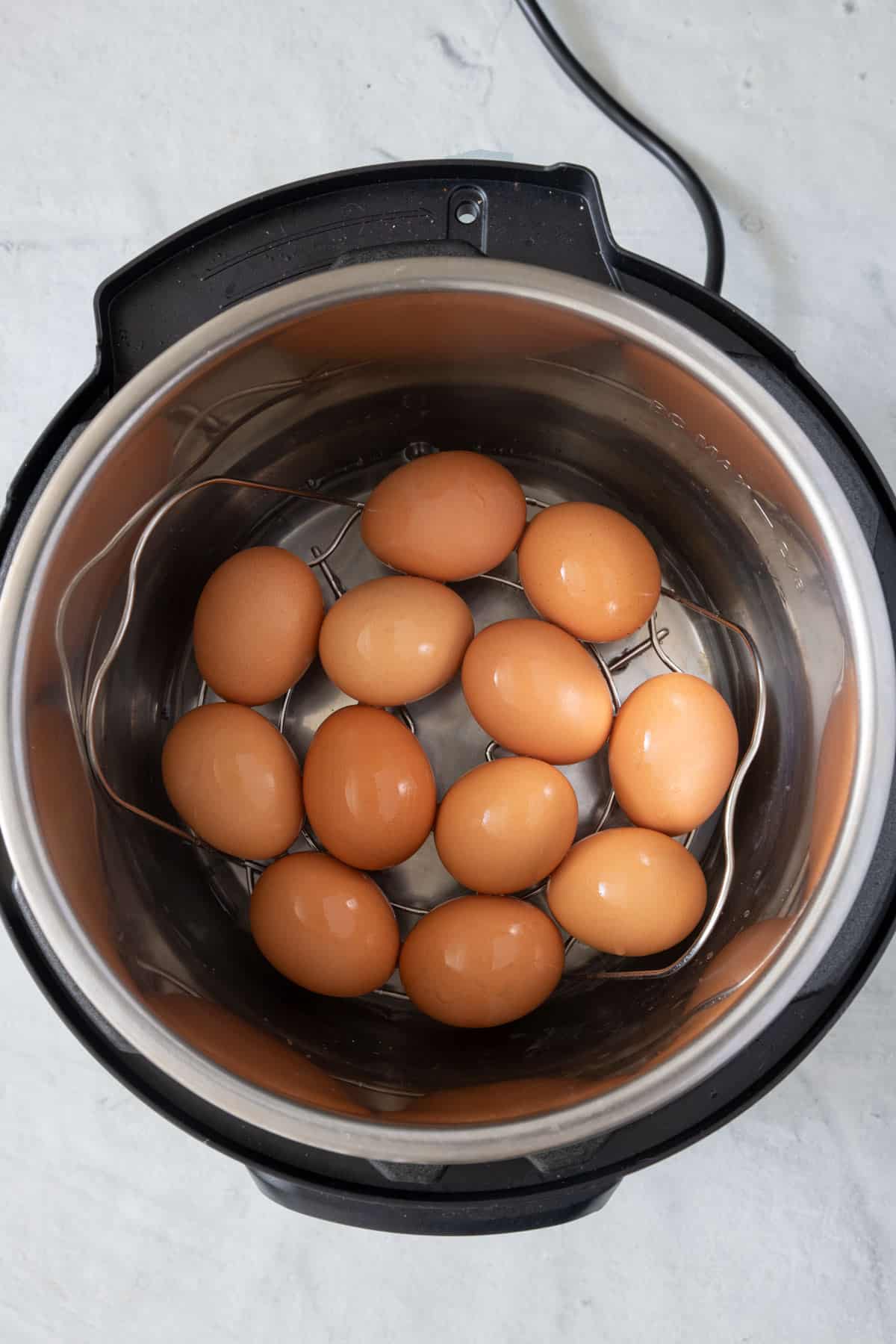 Instant pot with water, steam rack and 12 eggs before cooking.