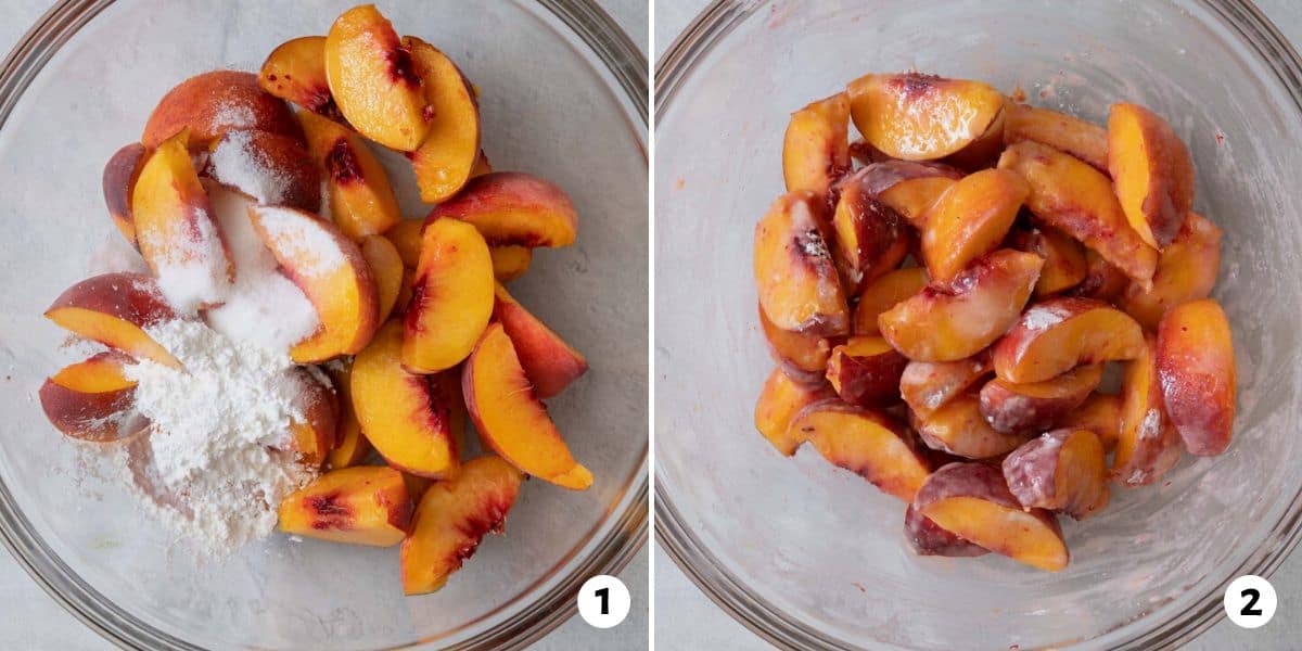 2 image collage of sliced fresh peaches in a bowl with sugar and flour and then after its tossed together.
