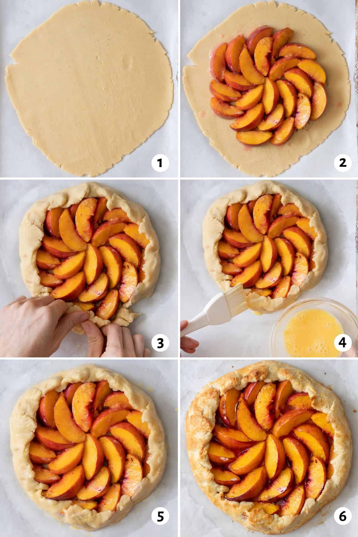 6 image collage making recipe by spreading out dough, filling with peaches, folding edges over, brushing with egg wash, before being baked, and after being baked.