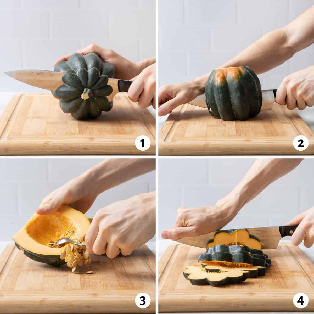 4 image collage prepparing acorn squash by cutting the stem off, then cutting in half, removing the pulp, and the slicing.