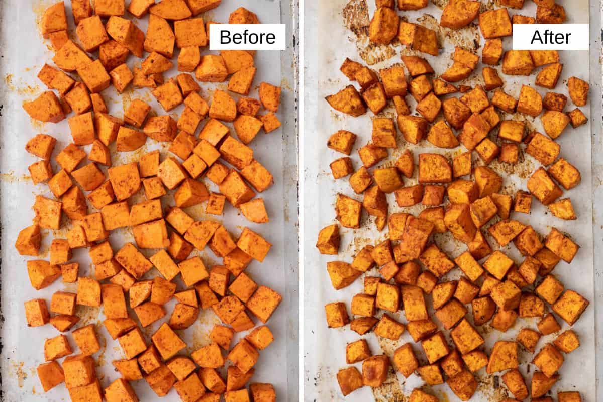 2 image collage of diced sweet potatoes on a baking sheet lined with parchment paper before and after being roasted.