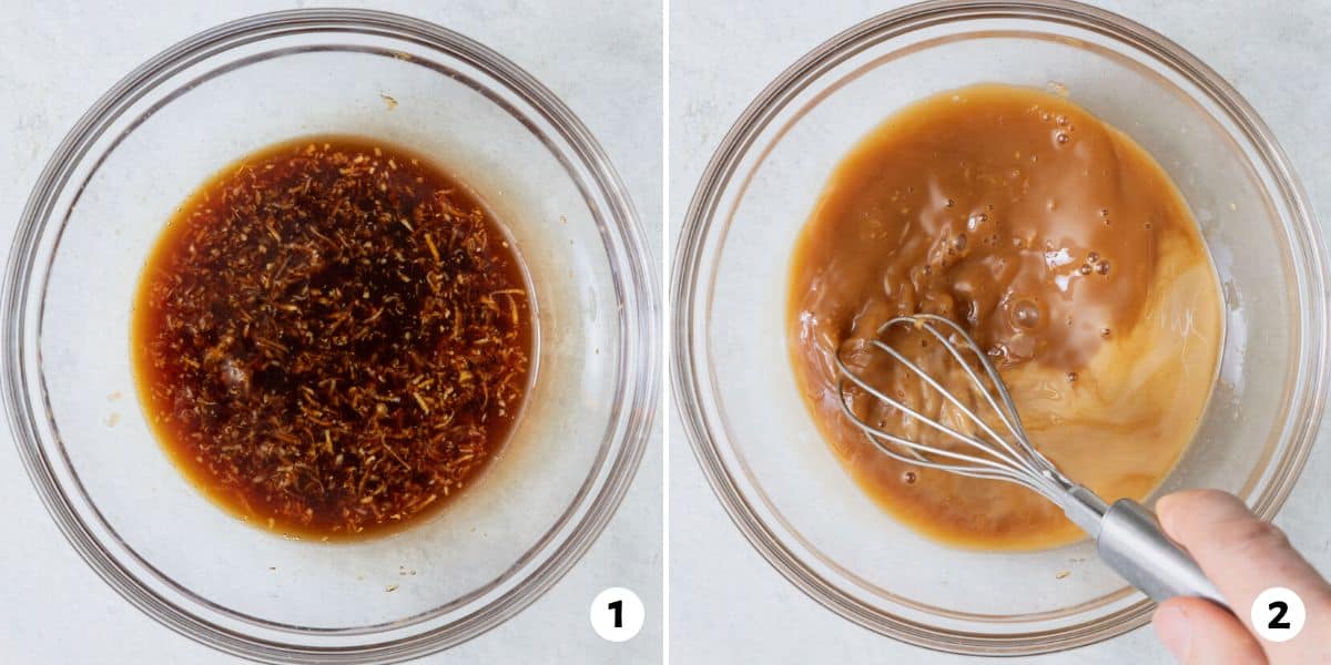 2 image collage whisking sauce ingredients together in a bowl.