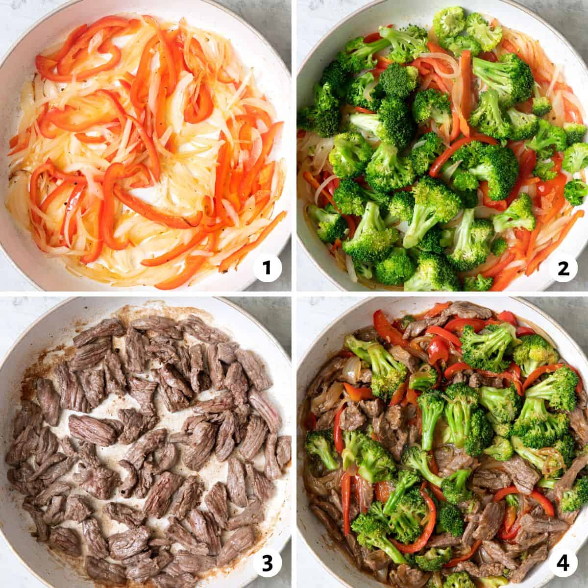 4 image collage stir frying recipe in a large skillet starting with peppers and onions, then adding in the broccoli, vegetables removed to fry sliced steak, and then everything added back in pan.