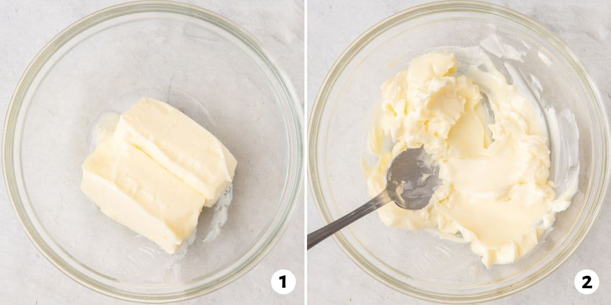 2 image collage of butter sticks in a bowl and then smoothed with a spoon.