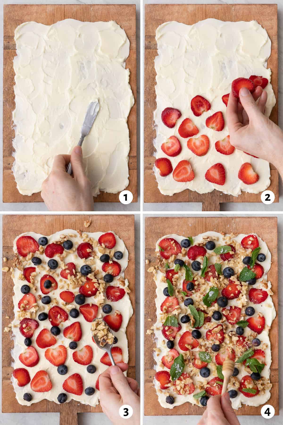 4 image collage of adding butter to board and topping with fresh fruit, nuts, mint, and honey.