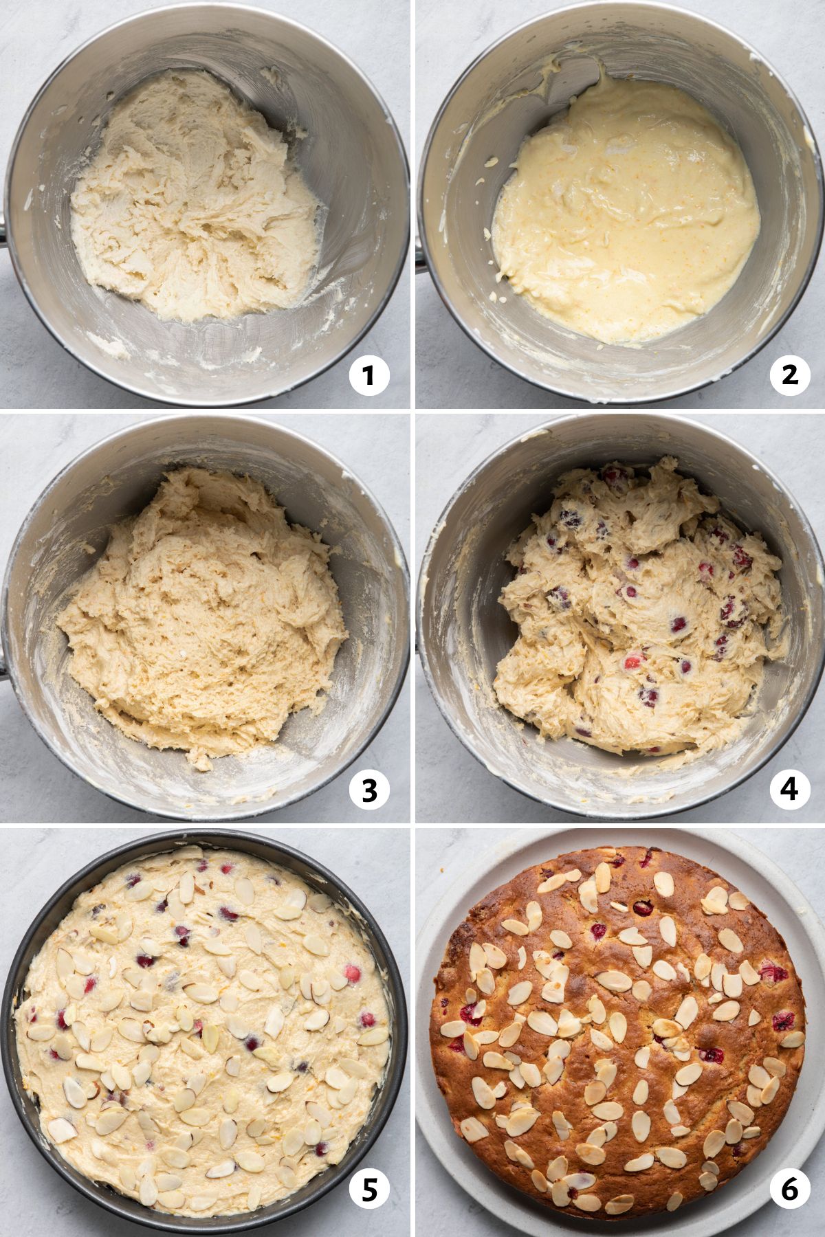 6 image collage preparing cake batter in one bowl, step by step and showing in cake pan before and after baking.