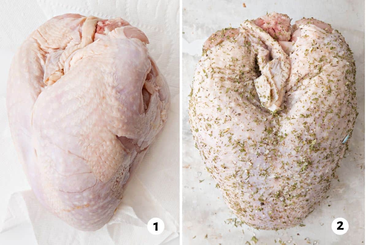 2 image collage of turkey breast on paper towels and then seasoned.