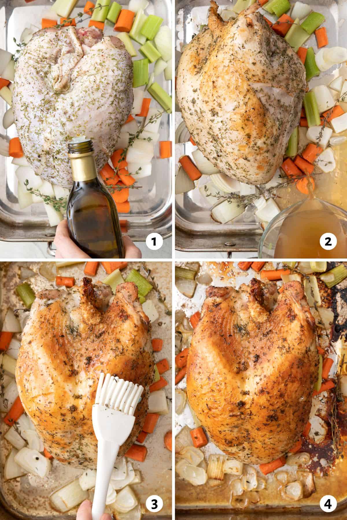 4 image collage of recipe on baking sheet adding oil, adding broth, brushing on butter, and then final image of turkey.