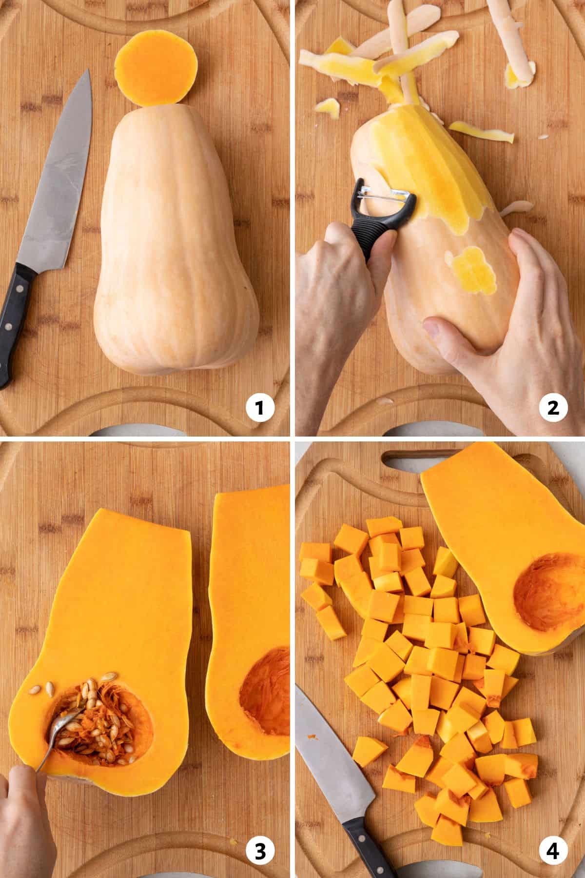 4 image collage cutting squash by removing the top, using a peeler to remove skin, scooping out the inside, and show half cubed and other other half uncut on cutting board.