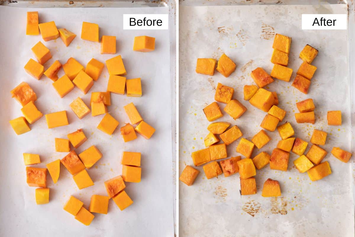 2 image collage showing squash before and after roasting.
