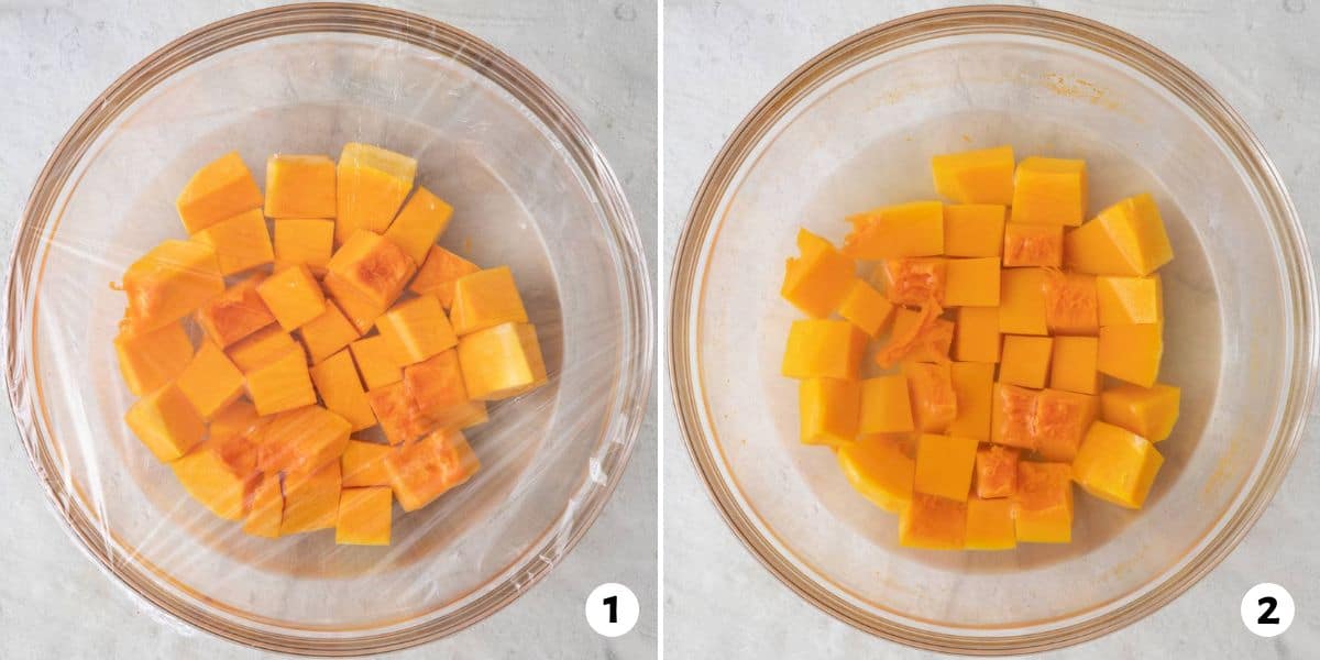 2 image collage showing cubes in a glass bowl with water and cover with plastic wrap and then after being cooked.