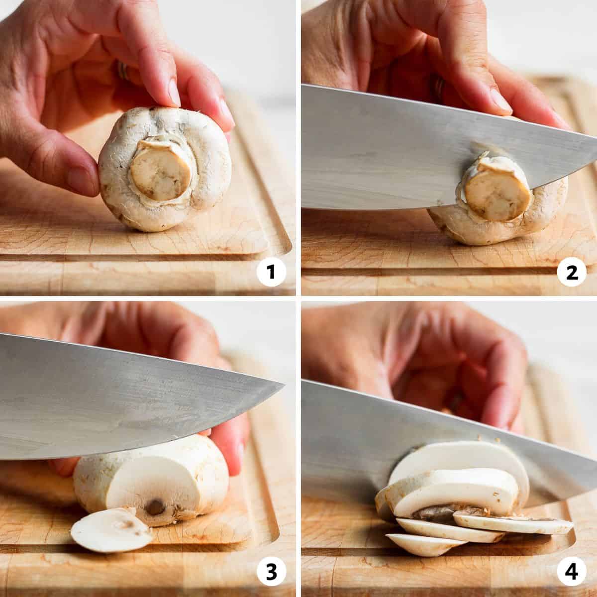 4 image collage with steps on slicing mushroom by placing mushroom on its side, cutting of stem, turning cut side on cutting board, and then slicing thinly.