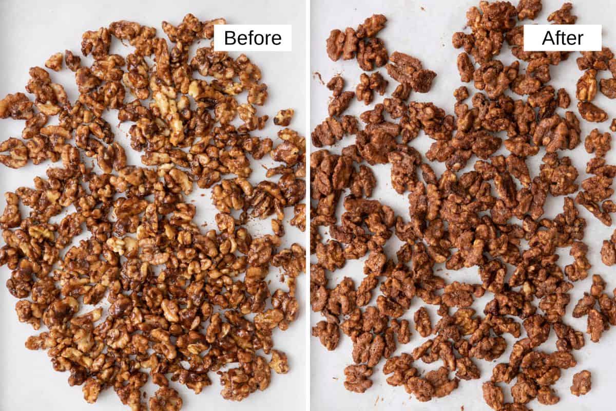 2 image collage showing walnuts before and after baking.