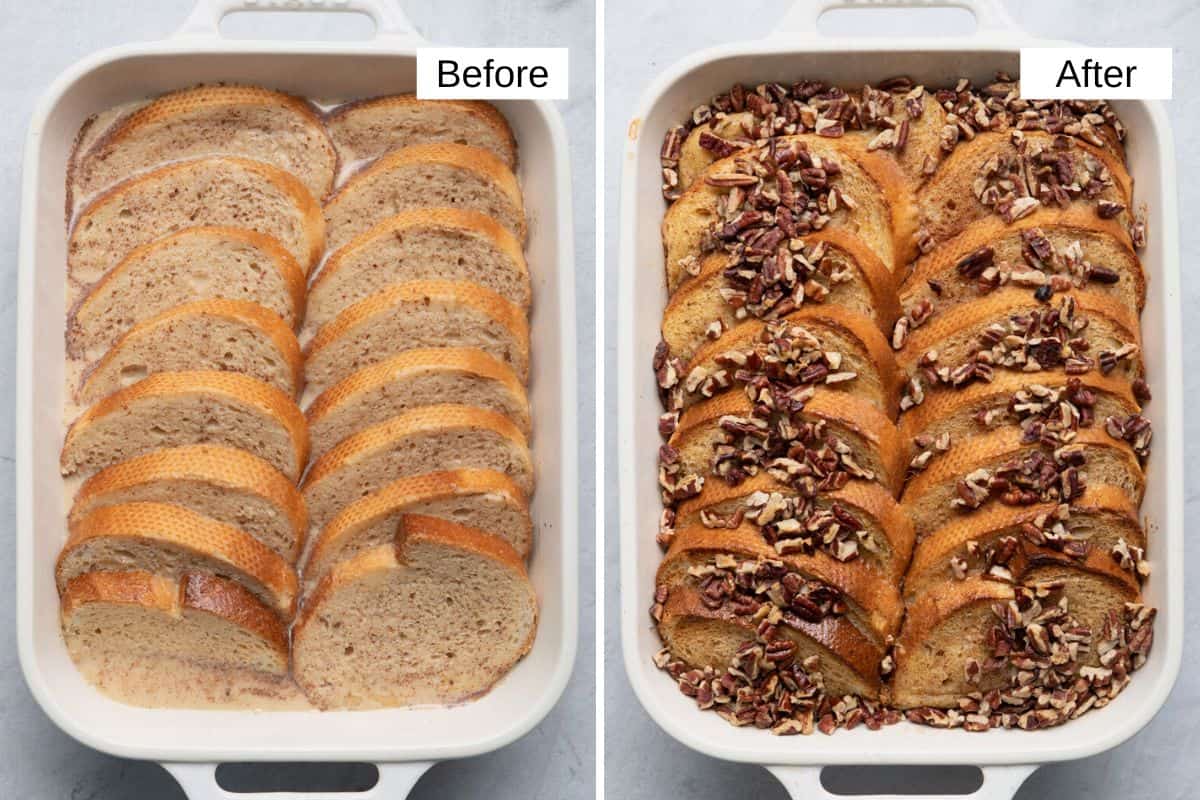 2 image collage of sliced bread soaking in custard before being baked and after topped with chopped pecans.