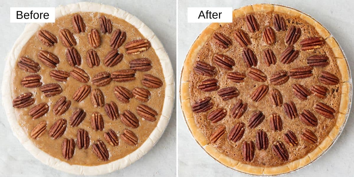 2 image collage showing pie before and after baked.