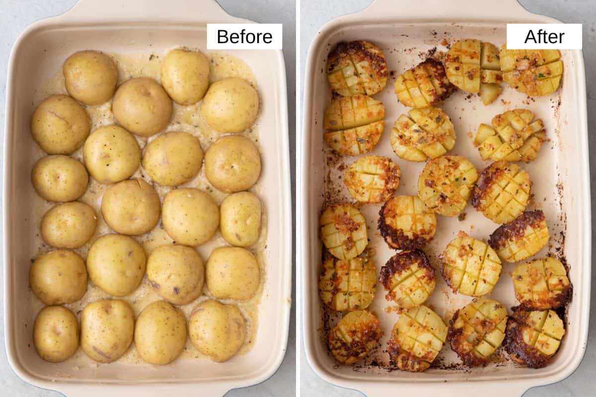 2 image collage showing halved potatoes cut side down in cheese herb butter before and after being roasted with second image having the potatoes flipped over to show crosshatch and crispy edges.