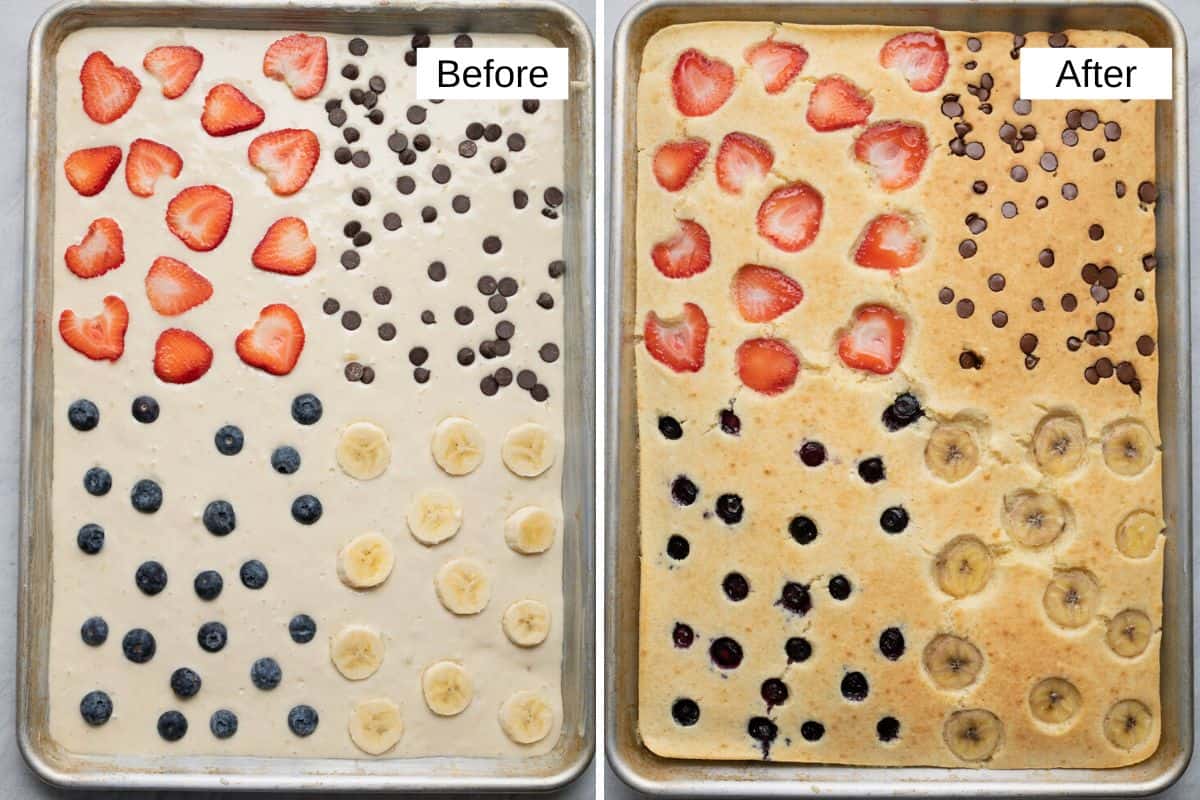 2 image collage of recipe in a baking sheet with different topping in each corner before and after being baked.