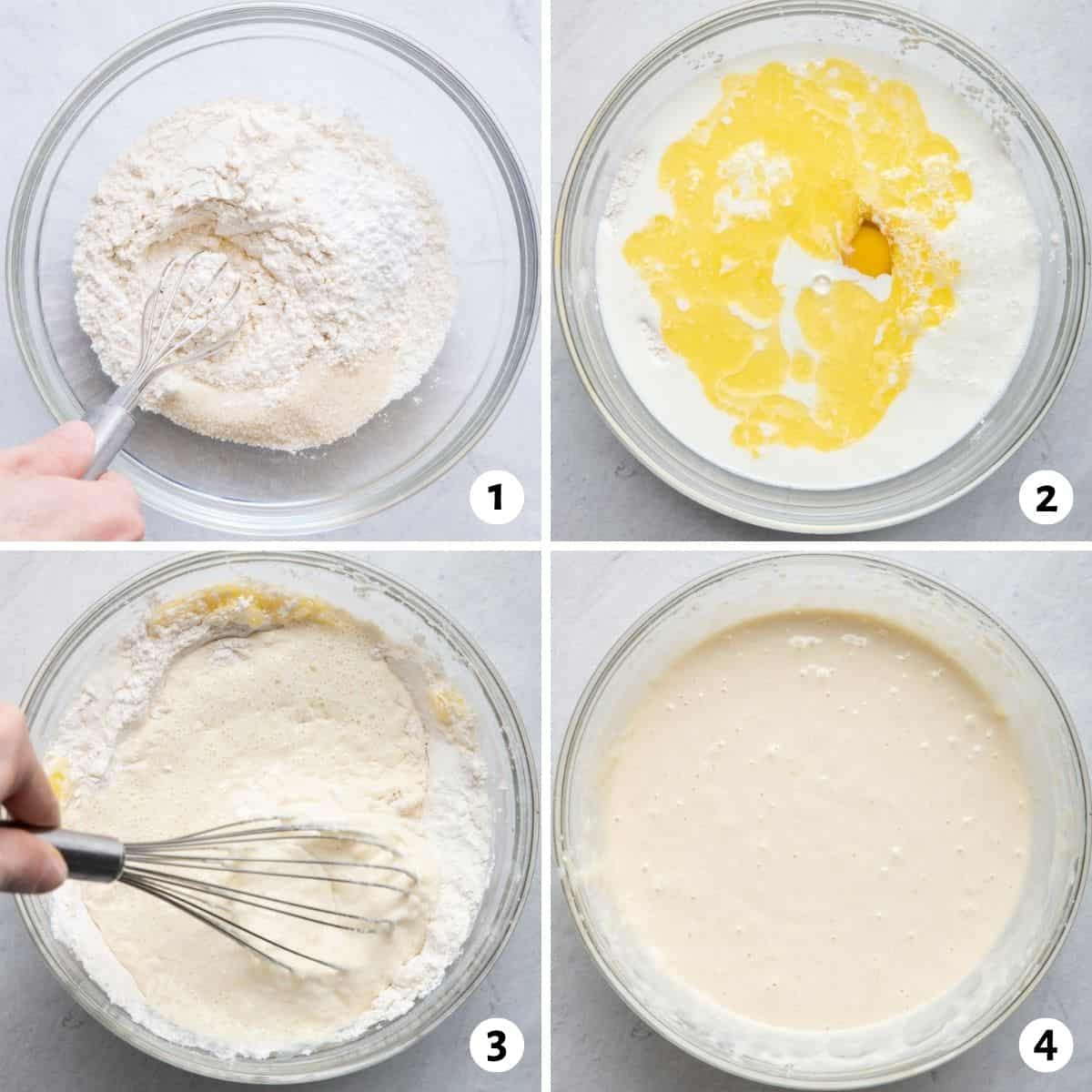 4 image collage preparing batter in one bowl by mixing dry ingredients, adding in wet ingredients, whisking them together, and the final batter shot with small bubbles.