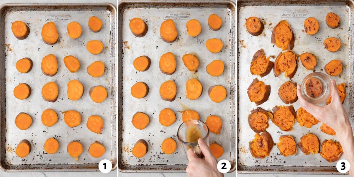 3 image collage preparing potato rounds on a baking sheet, adding butter, and then smashing with a cup.