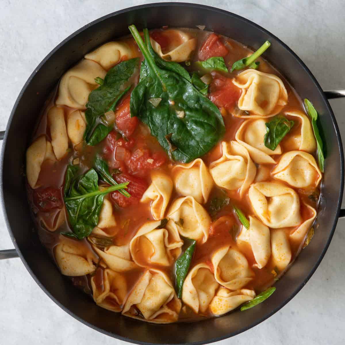 Soup with spinach added and beginning to soften.