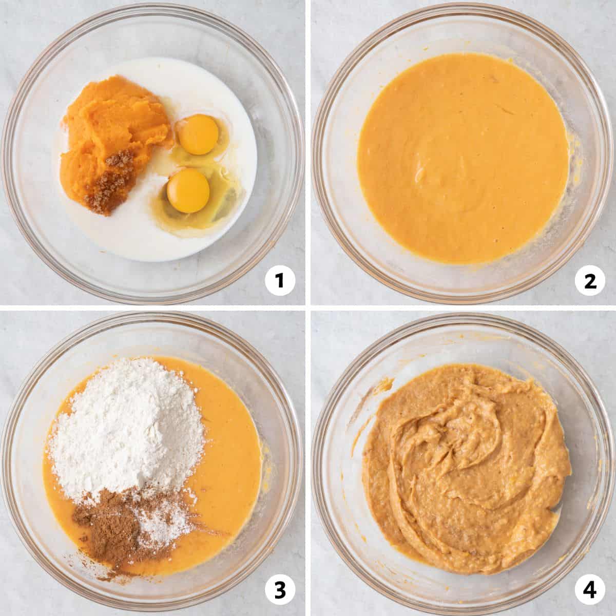4 image collage mixing batter in one bowl by adding wet ingredients, mixed together, adding dry ingredients, and after all is mixed.