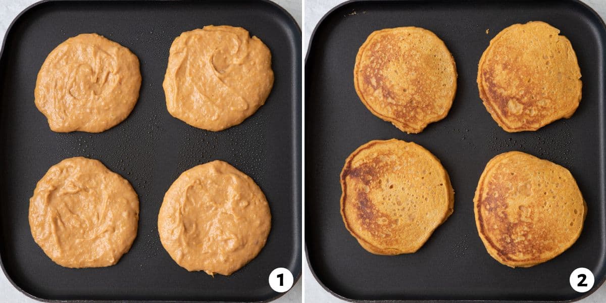 2 image collage of 4 small pancakes on a square nonstick pan lightly sprayed with oil before and after being flipped.