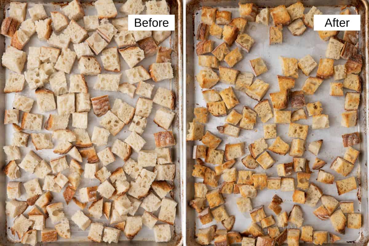 2 image collage showing cubed bread on a baking sheet before and after baked.