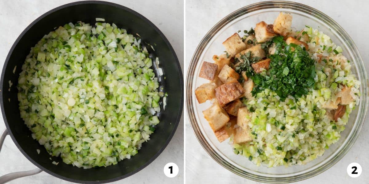 2 image collage of veggie in a sautee pan being cooked and then added to a bowl with remaining ingredients.