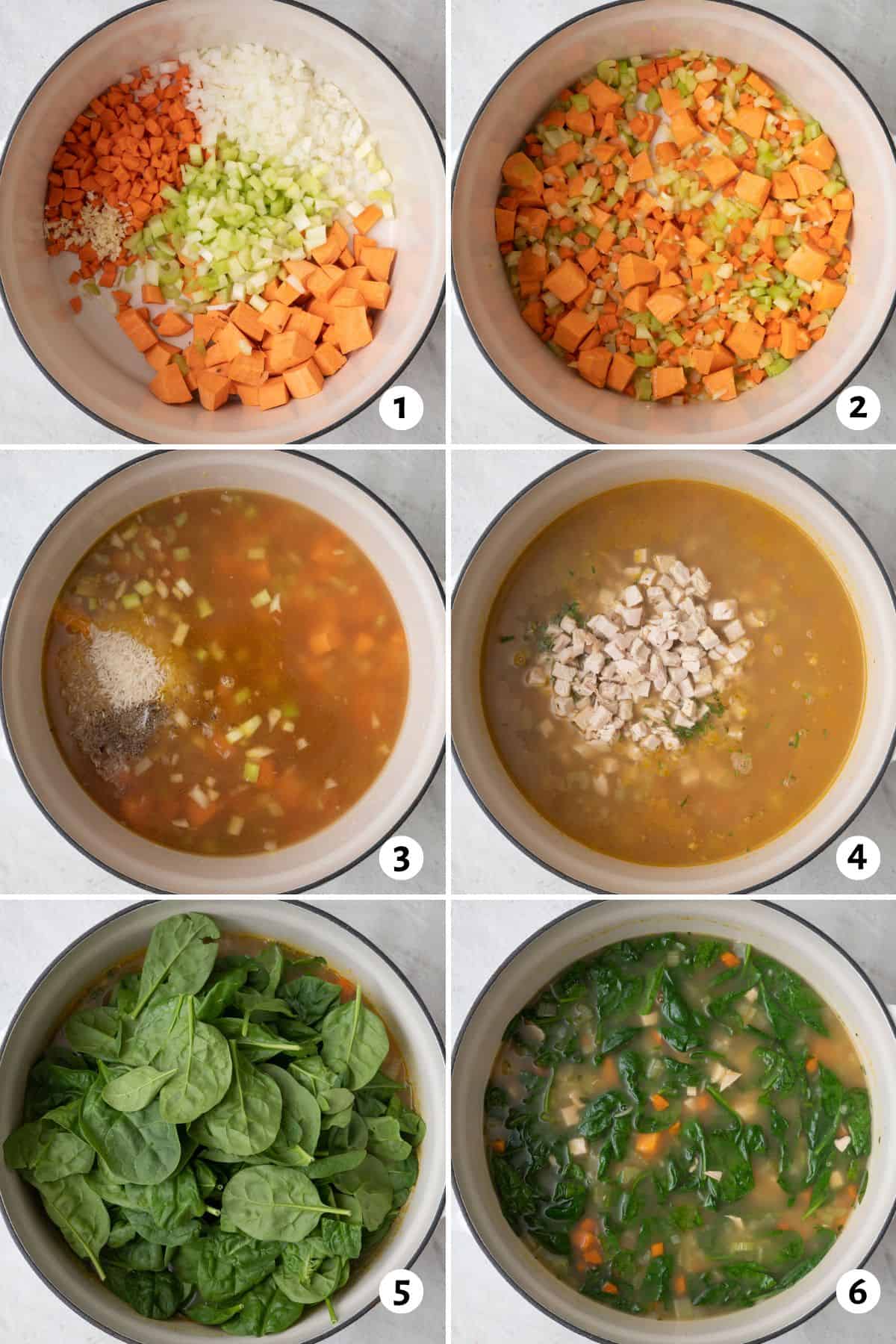 6 image collage preparing recipe in pot: Adding veggies, sauteeing them down, adding broth and seasoning, adding leftover turkey, adding fresh spinach, and all ingredients combined after cooked.