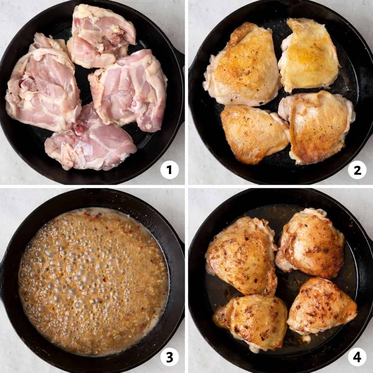 4 image collage making recipe in one skillet by searing the skin side, flipping over and searning the bottom, removing the chicken and cooking the butter sauce, and then chicken thighs after baking in oven.