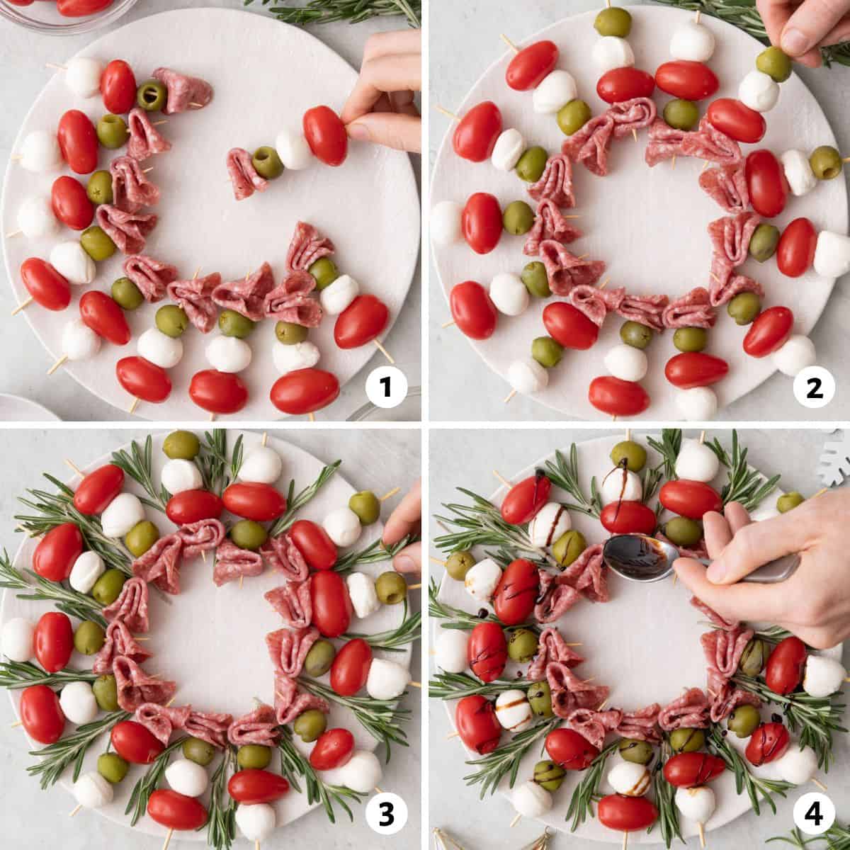 4 image collage adding skewers of salami, olive, mozzerella balls, and tomatoes to a plate to form a wreath around the edges.