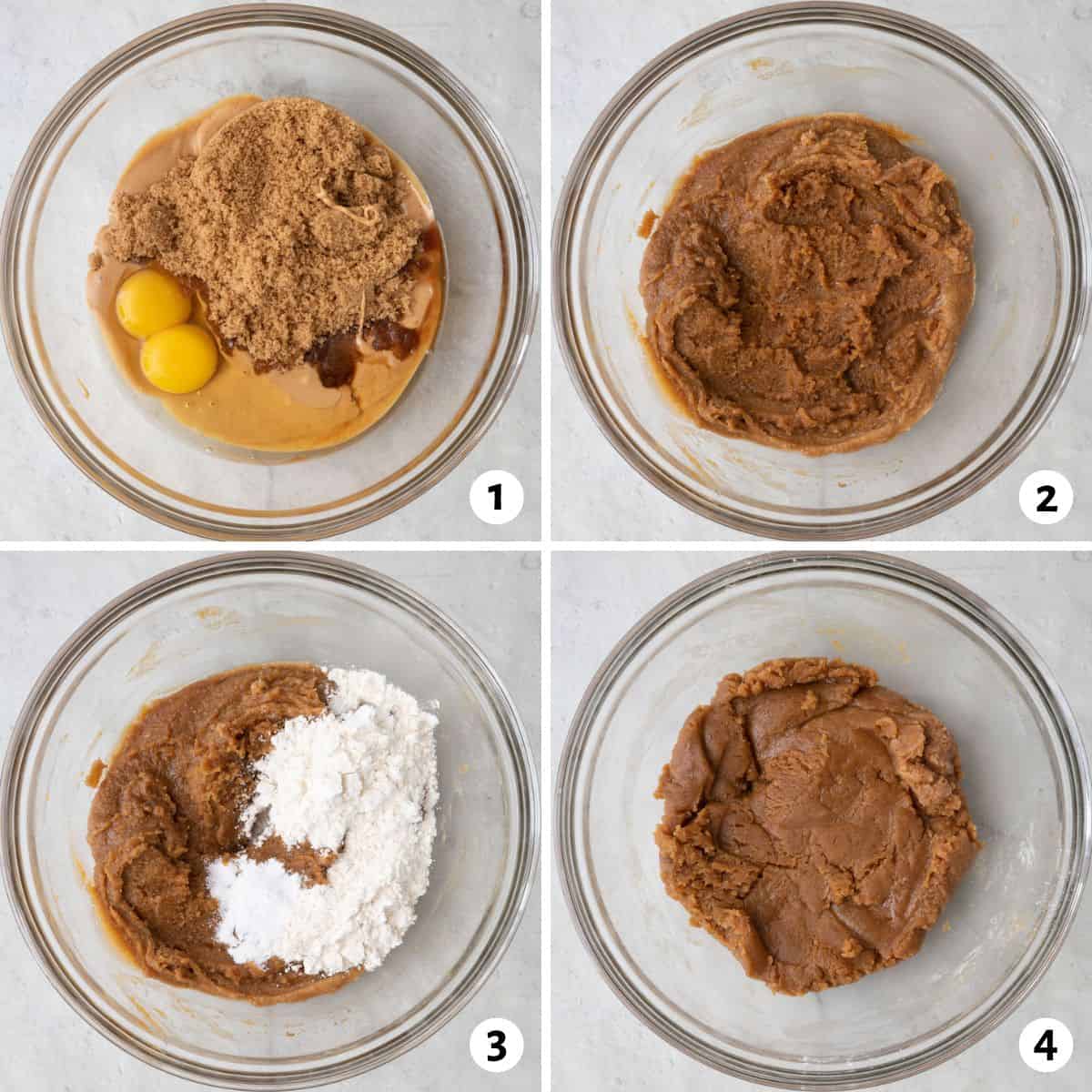 4 image collage mixing dough in one bowl: ingredients before mixed, after mixed, flour added, and all combined.