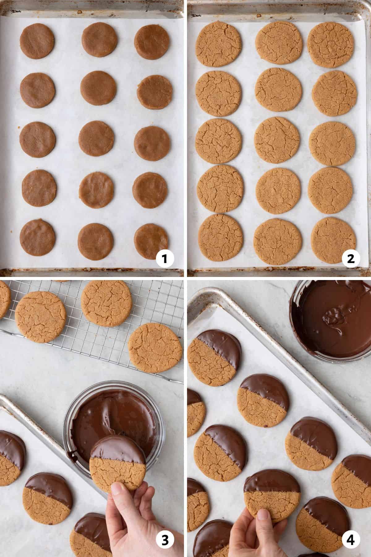 4 image collage of cookies on baking sheet before and after baked, then dipping into melted chooclate, and placng it on parchment paper line baking sheet with other dipped cookies on it.