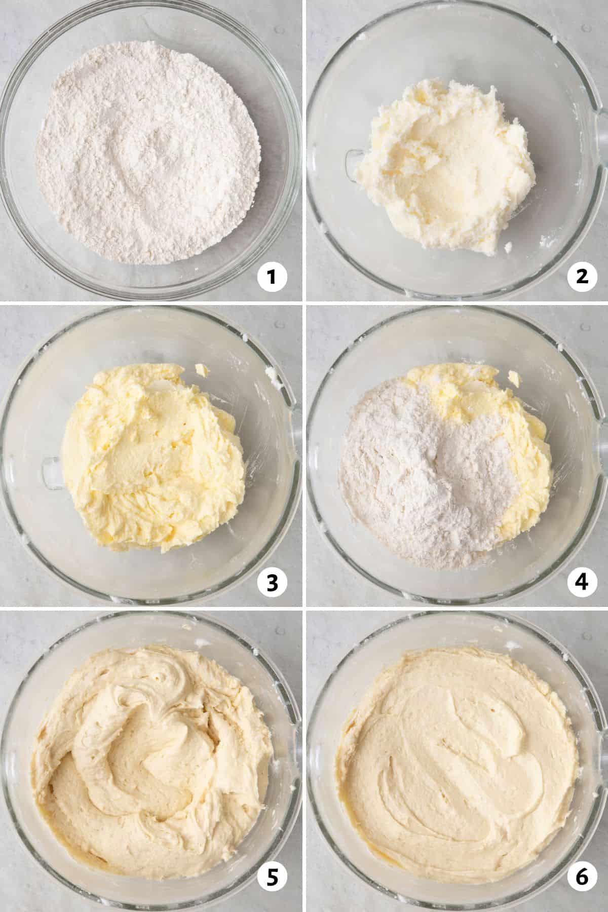 6 image collage mixing cake batter recipe: 1- combine dry ingredients, 2- creamed butter and sugar, 3- eggs mixed into butter mix, 4- some flour added on top, 5 more flour mixed in, 6- all ingredients combined.