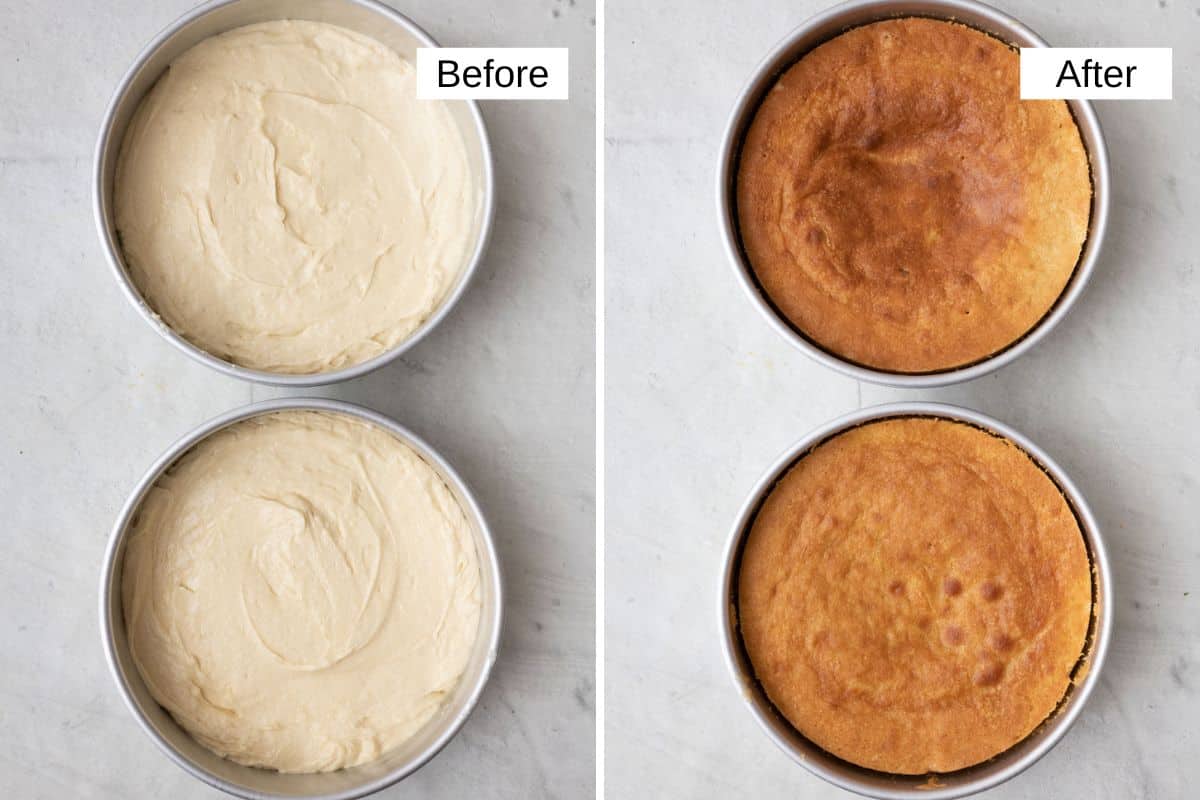 2 image collage showing 2 round cake pans filled with batter before and after baked.